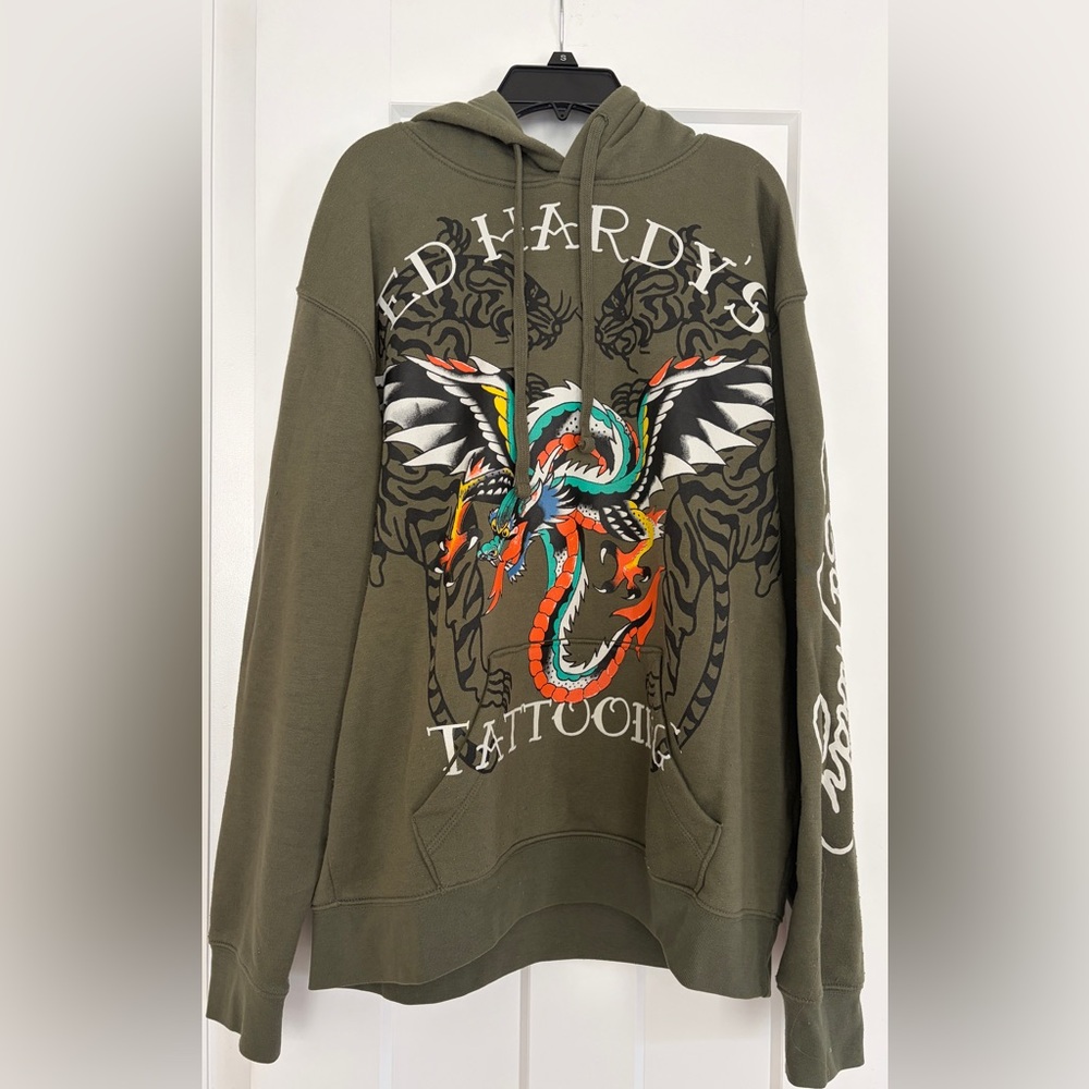Ed Hardy Olive Green Graphic Pullover Hoodie
